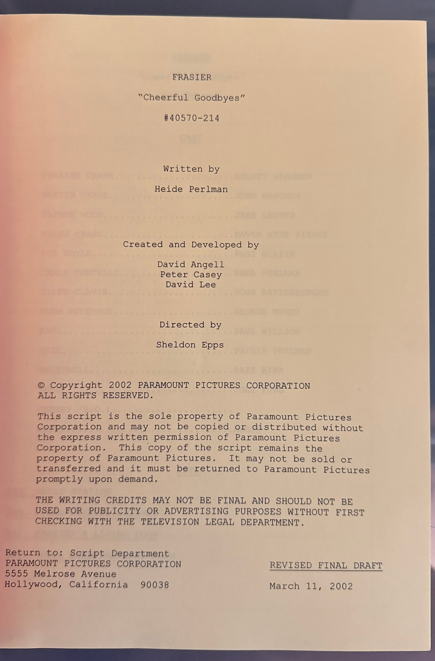 "FRASIER" TV series cast signed original shooting script