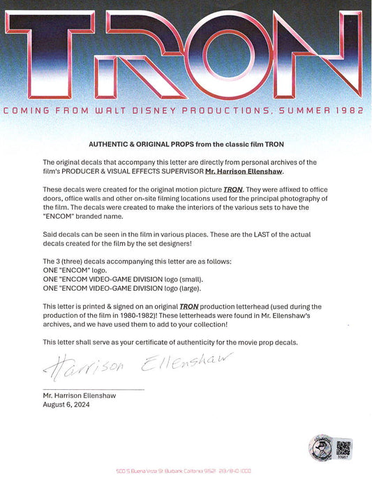 Harrison Ellenshaw "TRON" original props with signed letterhead